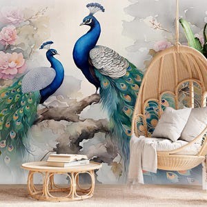 Peacock Wallpaper Peel and Stick Vintage Style, Magic Garden Fantasy Wall Paper Mural Bedroom, Floral Chinese Decor Removable Flower X761