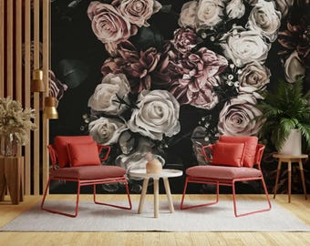 Watercolor Floral Wallpaper Rose, Dark Floral Wallpaper Self Adhesive Beauty Salon, Non Woven Wallpaper Peony Flower Wallpaper Mural X183
