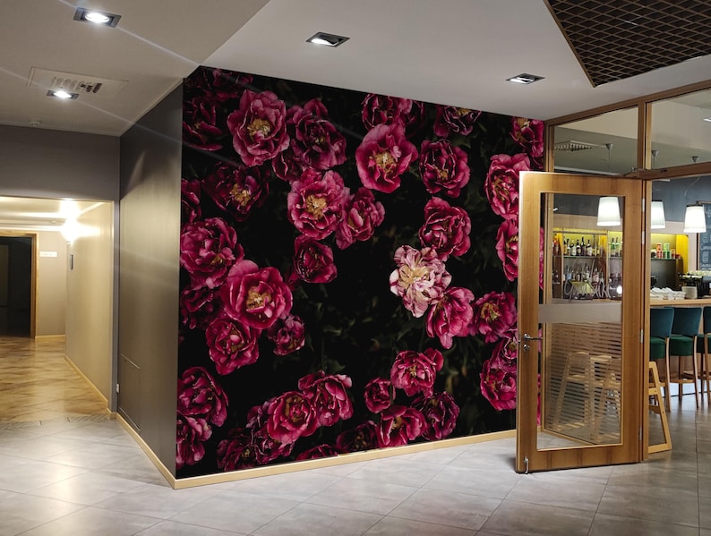 Dark Flower Wallpaper Bedroom. Black Floral Wallpaper Removable. Wallpaper Mural Self Adhesive Wallpaper Pink Peel and Stick Peony X230 image 6