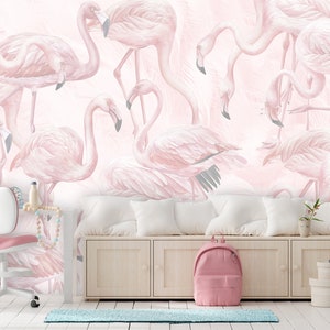 Soft Pastel Flamingo Wallpaper Girl Bedroom,  Pink Flamingo Wall Mural Nursery, Accent Adhesive Wallpaper Peel Stick Removable Non Woven X31