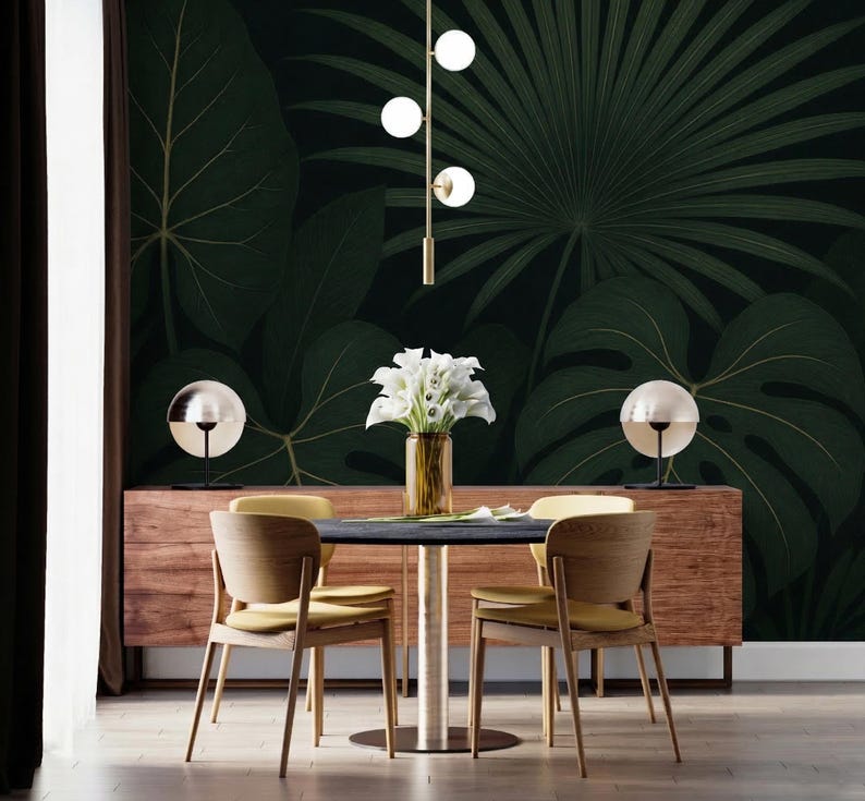 Tropical Leaf Wallpaper Mural Peel and Stick Japandi, Dark Elegant ...
