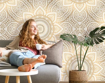Mandala Wallpaper Indian. Boho Wallpaper Luxury Art. Removable Wallpaper Mural. Self Adhesive Wallpaper Peel and Stick Wallpaper Bedroom X83