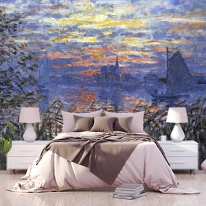 Sunset on the Seine by Monet Wall Mural, Impressionism Wallpaper Self Adhesive, Retro Masterpiece Wall Art Decor Bedroom, Living Room MM8