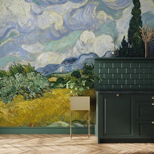 Wheatfield with Cypresses by Van Gogh Wall Mural, Impressionism Wallpaper Masterpiece, Retro Wall Oil Paining Art Decor Bedroom Living MM45