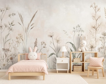 Delicate Botanical Wall Mural Peel and Stick Girl Room, Wildflowers Meadow Grasses Wallpaper Beige Tones, Vintage Elegant Decor Nursery MM61