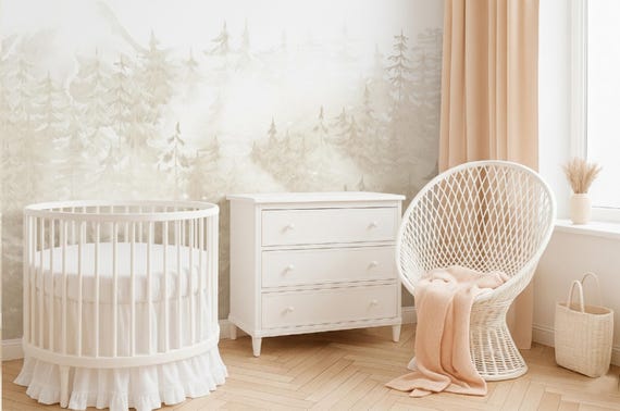 Pine Forest Wallpaper Woodland Neutral Nursery, Whimsical Wall Mural Toddler Boy Girl Room, Hunting Decor Playroom with Ombre Mountains X101