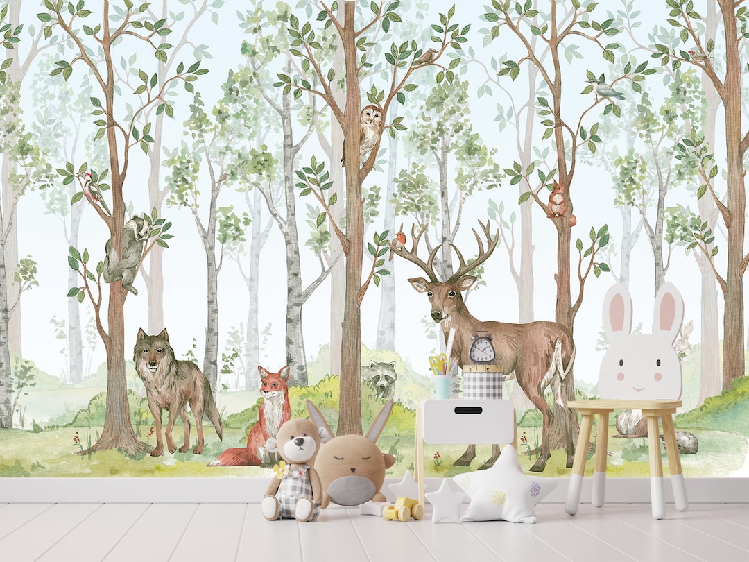 Birch Forest Nursery Wallpaper Boy Girl Unisex Woodland Wall Etsy