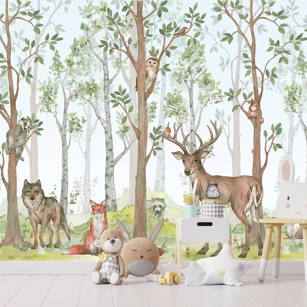 Birch Forest Wallpaper Mural Kids Room, Forest Animals Nursery Decor, Woodland Baby Unisex Wall Mural, Adhesive Wallpaper Toddler Room X76