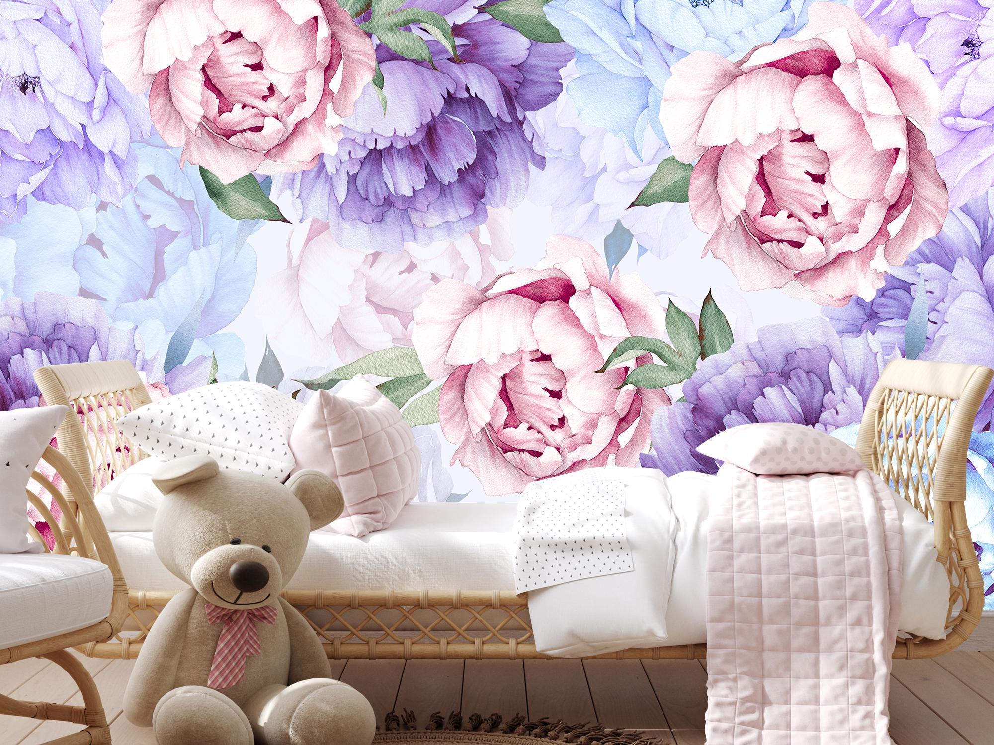 Bright Purple Blue Pink Peony Flower Wallpaper for Girl, Watercolor ...