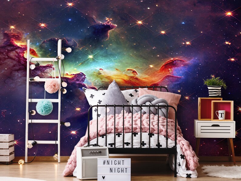 Rainbow Galaxy Wall Mural Classroom Dark Space Wallpaper Kids Etsy
