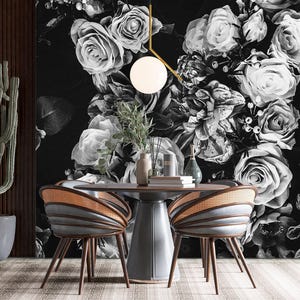 Black and White Floral Wallpaper Peel and Stick Bedroom, Large Peony Wallpaper Mural Removable, Black Botanical Wallpaper Self Adhesive X739