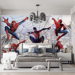 Spiderman Wallpaper for Boy Room, New York Cityscape Wall Mural Nursery, Superhero Art Adhesive Peel & Stick Wall Decor Game RlayRoom X429
