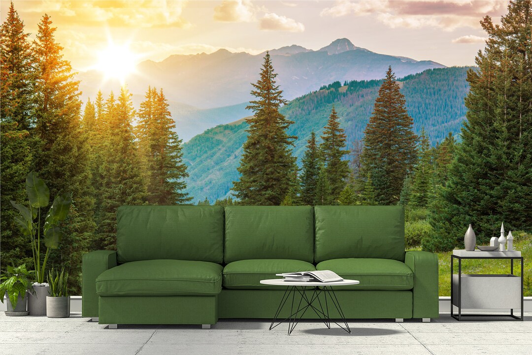 Blue Mountains Wallpaper Bedroom Forest Landscape Wall Mural Etsy