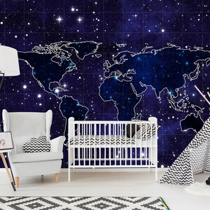 Dark Space World Map Wallpaper Universe Wallpaper World Map Poster Self-Adhesive Wallpaper Peel and Stick World Map Wall Mural Decor X587