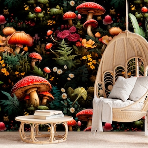 Whimsical Wallpaper Peel and Stick Bedroom, Fly agaric Mushroom Wallpaper Removable Magic Forest Wallpaper Vintage Botanical Wall Paper XC70