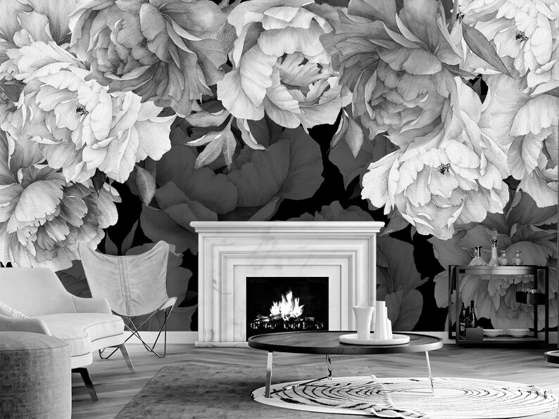 Peony Wallpaper Black and White Nursery Girl Peony Floral Etsy