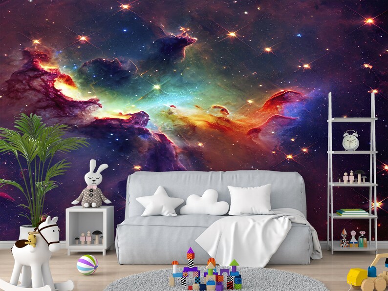 Rainbow Galaxy Wall Mural Classroom Dark Space Wallpaper Kids Etsy