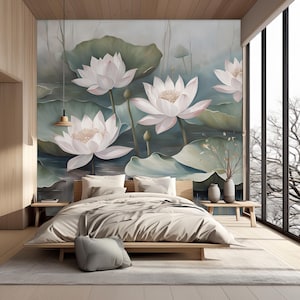 Lotus Flower Wallpaper Peel and Stick Japandi Bedroom, Blue Oriental Indian Wall paper Spa, Accent Mural Puja Room Boho Chinese Decor MM44