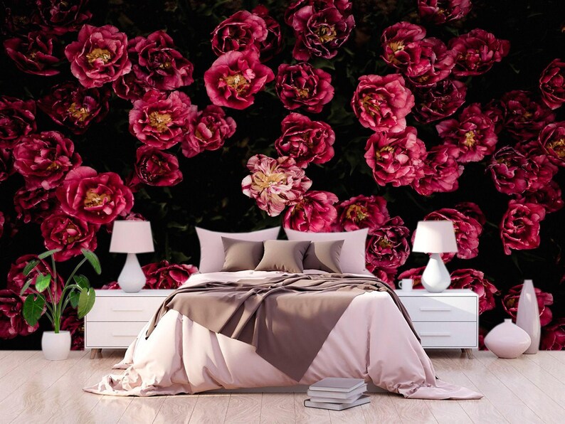 Dark Flower Wallpaper Bedroom. Black Floral Wallpaper Removable. Wallpaper Mural Self Adhesive Wallpaper Pink Peel and Stick Peony X230 image 5
