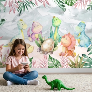 Dinosaur Nursery Wallpaper Peel and Stick Boy Girl Watercolor Dino Wall Mural Toddler Room Jungle  Decor Baby Room Boho Playroom Wall Art
