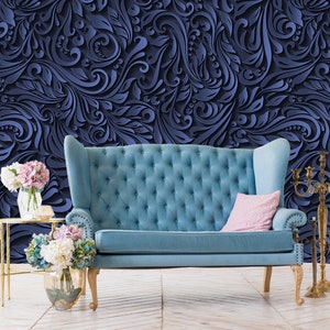 Navy Blue Floral Wallpaper 3D. Dark Gorgeous Wallpaper. Luxury wall decor. Remove Wallpaper Mural. Self Adhesive Wallpaper Peel & Stick X623