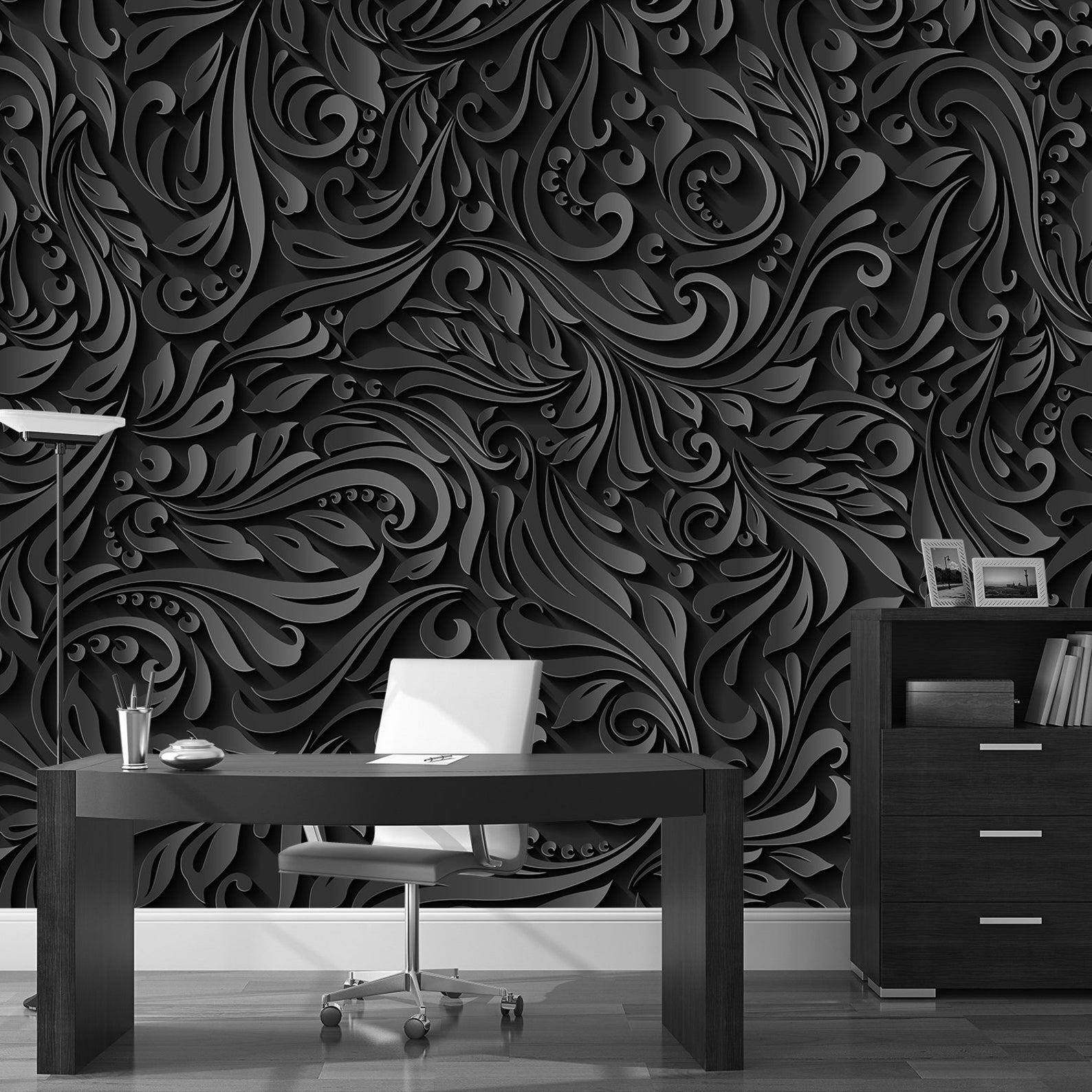 Dark Floral Wallpaper 3D. Black & White Wallpaper. Luxury Wall Etsy