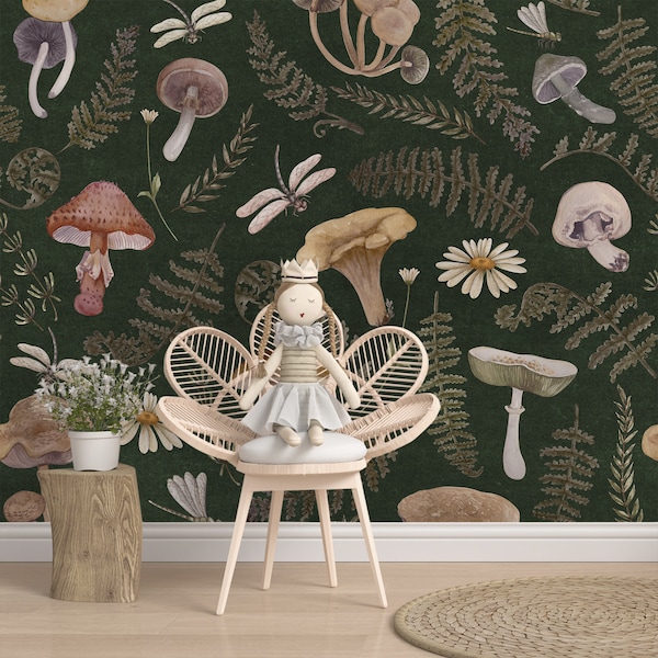 Wooden Mushroom Wallpaper Peel and Stick Dark Botanical Wallpaper Removable Magic Forest Wallpaper Adhesive Whimsical Wallpaper Roll Bedroom