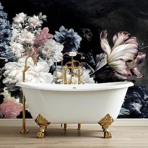 Dutch Flowers Oil Painting Art Wall Mural, Dark Floral Peel and Stick Wallpaper Still Life Flower Wall Paper Removable Black Wall Decor X760
