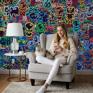 Colorful Graffiti Wallpaper Peel and Stick  – Urban Street Art Wall Mural for Teen Rooms, Game Rooms  Accent Walls – Bold & Vibrant Design