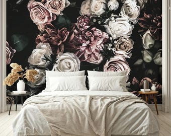 Dark Floral Wallpaper Peel and Stick Bedroom, Large Peony Wallpaper Mural Removable, Black Botanical Wallpaper Self Adhesive  X183