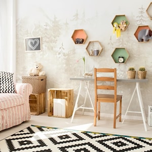 Pine Forest Wallpaper Woodland Neutral Nursery, Whimsical Wall Mural Toddler Boy Girl Room, Hunting Decor Playroom with Ombre Mountains X101 bild 3