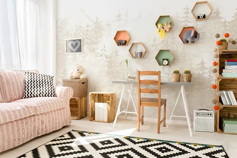 Pine Forest Wallpaper Woodland Neutral Nursery, Whimsical Wall Mural Toddler Boy Girl Room, Hunting Decor Playroom with Ombre Mountains X101 bild 3