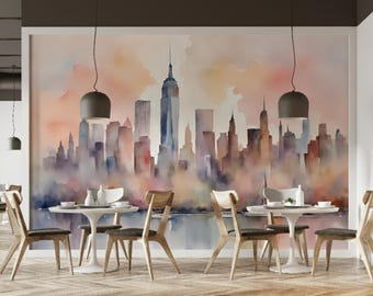Abstract Style New York Wallpaper Peel and Stick, Watercolor Cityscape Pastel Wall Art, Ombre Skyscrapers Mural Removable Living Room X768