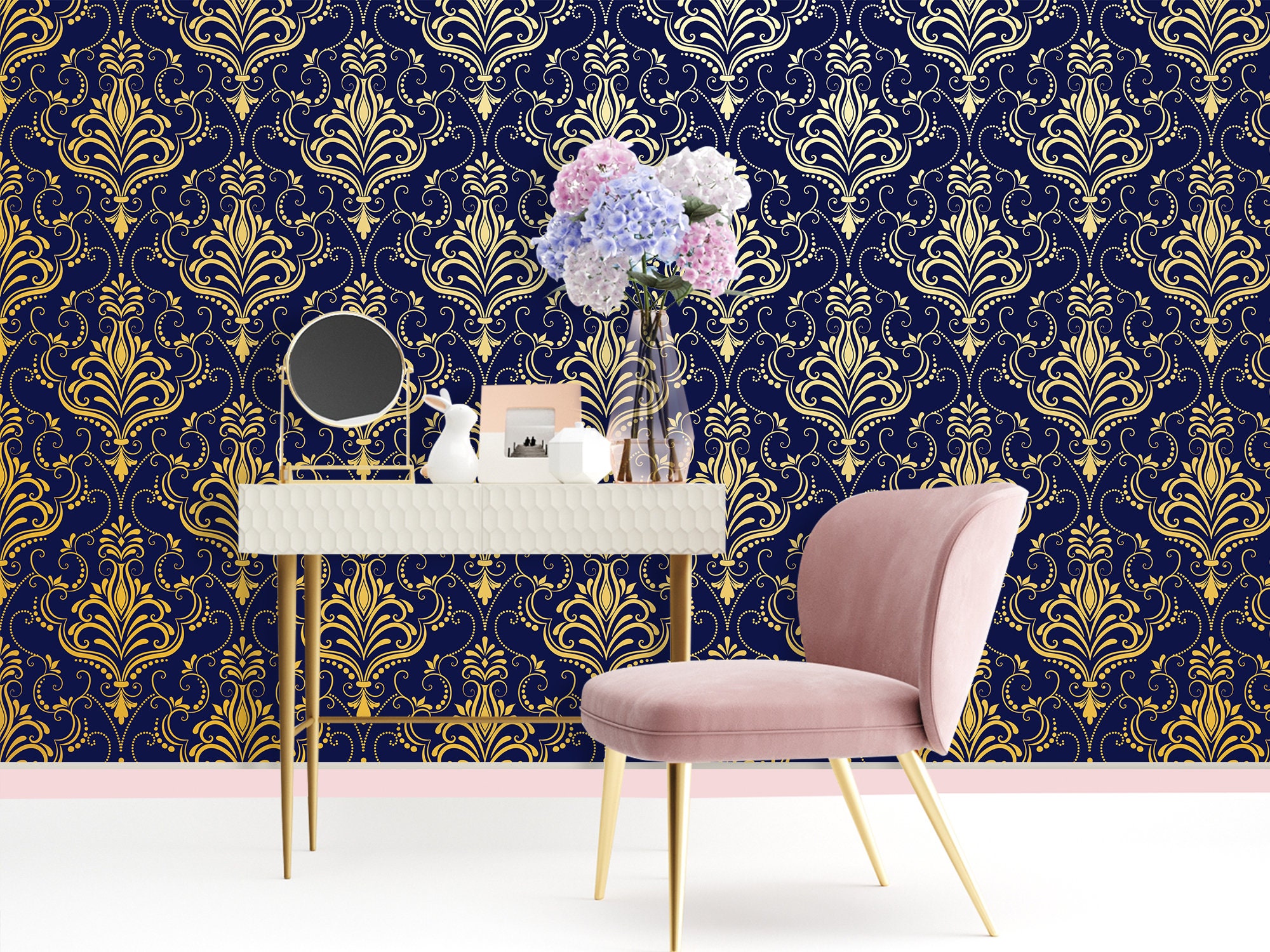 Metallic Gold Navy Blue Wallpaper Damask Decor Baroque - Etsy