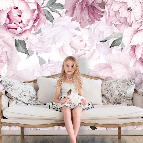 Watercolor Peony Wall Mural for Girl Room. Pink Flower Wallpaper Nursery. Large Floral Wallpaper Self Adhesive Peel & Stick Non Woven X984