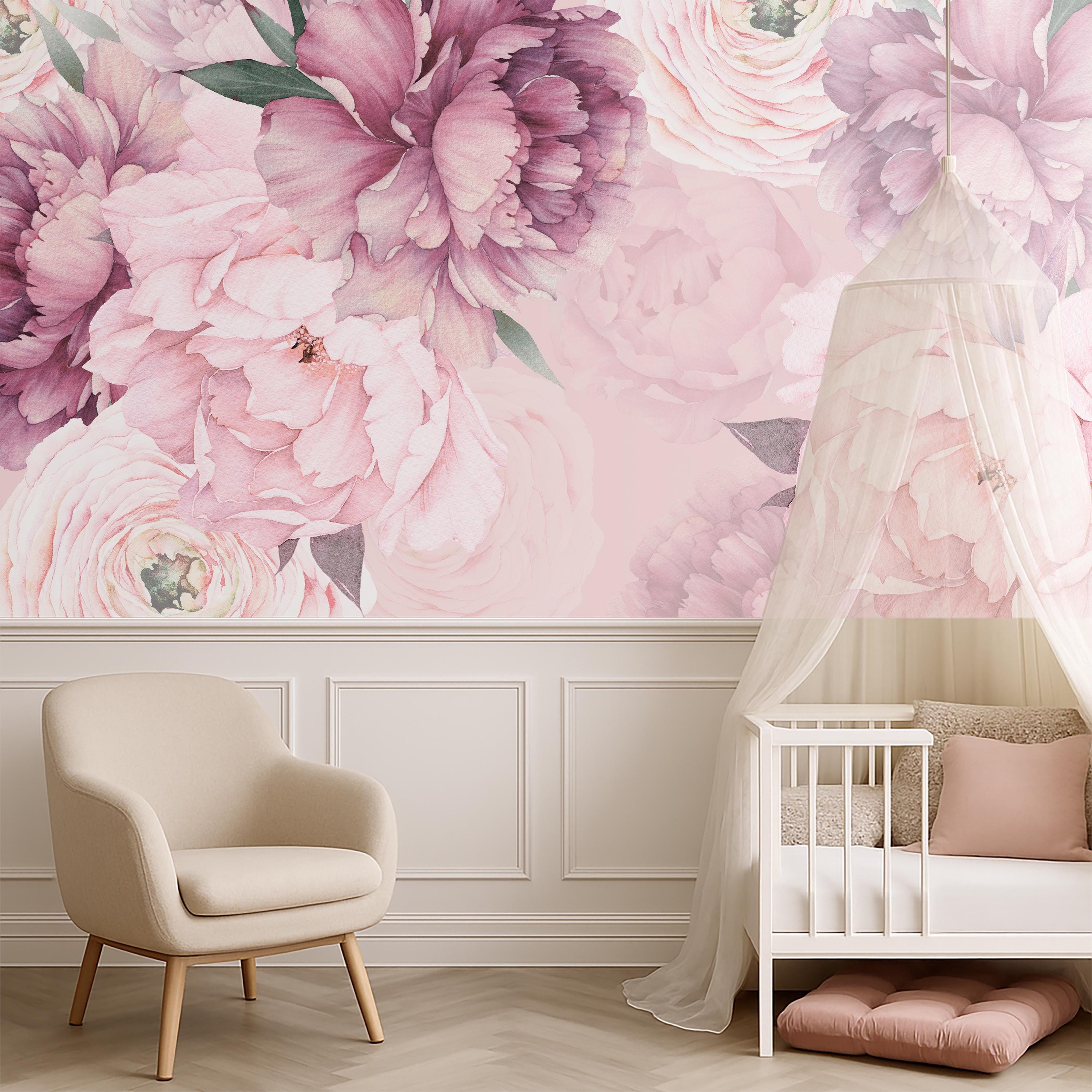 Peony Wall Mural Watercolor Baby Girl Room, Flower Wallpaper Nursery ...