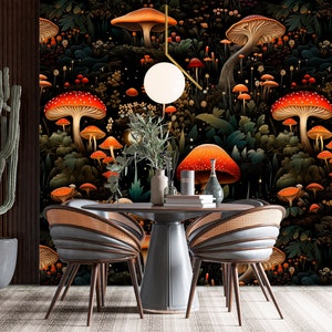 Dark Mushroom Wallpaper Peel and Stick Bedroom, Botanical Wallpaper Roll Magic Forest Wallpaper Removable Adhesive Black Wall Mural XC68
