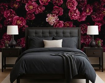 Dark Flower Wallpaper Bedroom.  Black Floral Wallpaper Removable. Wallpaper Mural Self Adhesive Wallpaper Pink Peel and Stick Peony X230