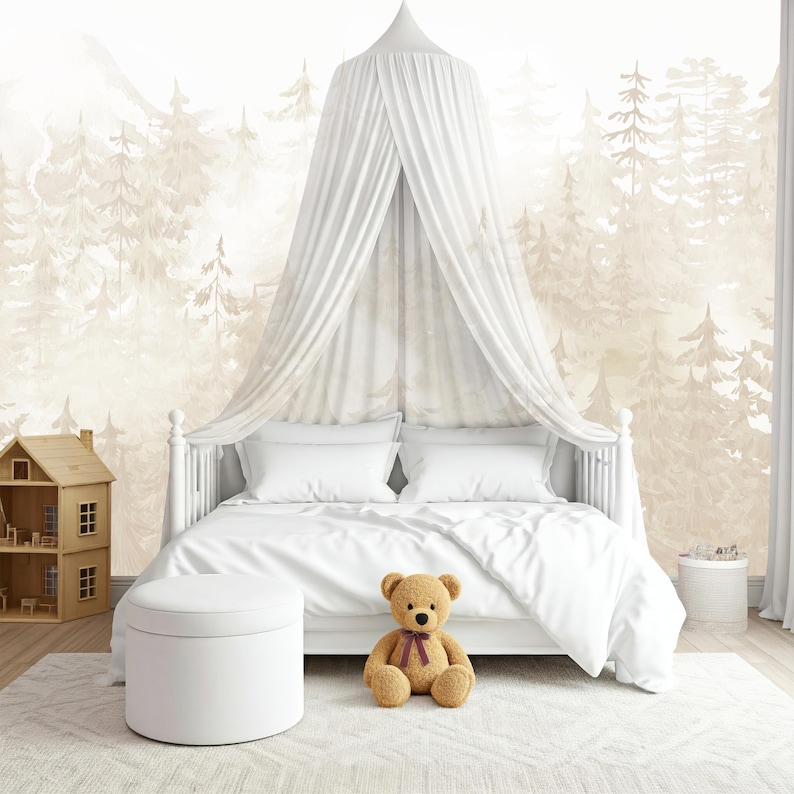 Pine Forest Wallpaper Woodland Neutral Nursery, Whimsical Wall Mural Toddler Boy Girl Room, Hunting Decor Playroom with Ombre Mountains X101 bild 5