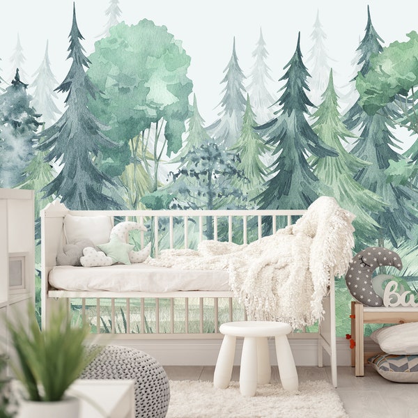 Woodland Wallpaper Baby Boy Nursery, Green Watercolor Pine Forest Wallpaper, Rustic Toddler Room Wall Mural, Hunting Wallpaper Playroom X973