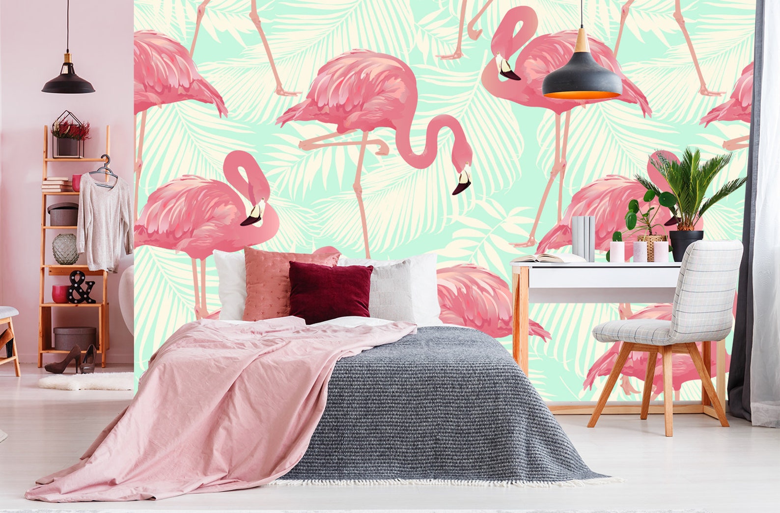 Pink Flamingo Bedroom Wall Art. Large Floral Tropical Wall Etsy