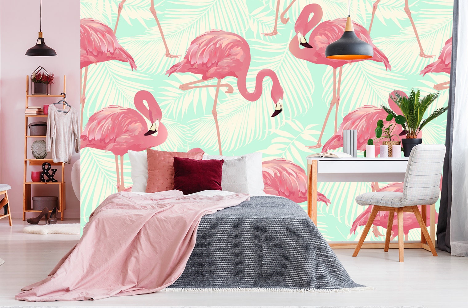 Pink Flamingo Bedroom Wall Art. Large Floral Tropical Wall Etsy