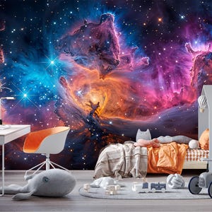 Nebula Dreams Wallpaper Peel and Stick, Deep Space Galaxy Wall Mural, Vibrant Cosmic Star Cluster Wall paper Self Adhesive Universe Decor