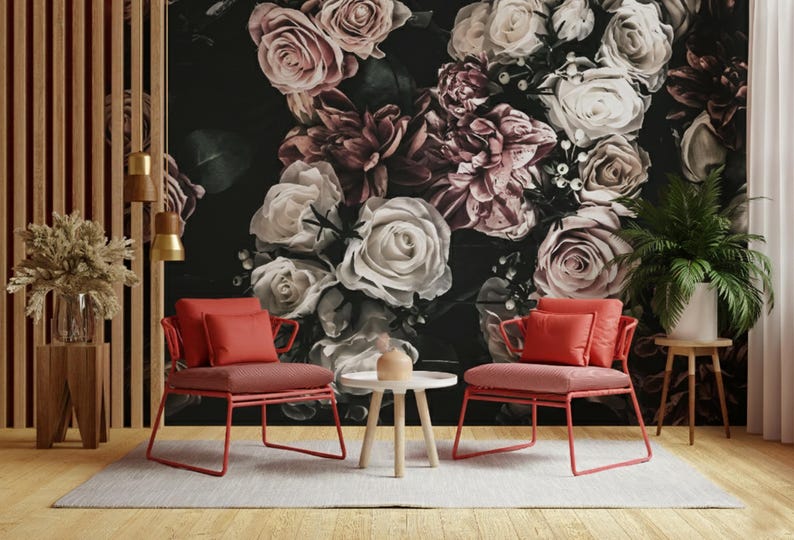Watercolor Flower Wallpaper Bedroom. Dark Floral Wallpaper Removable Wallpaper Mural. Self Adhesive Wallpaper. Peel and Stick Wallpaper X183 imagen 3