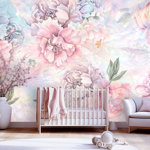 Pink Peony Wallpaper Peel and Stick Girl Nursery, Peonies Flower Wallpaper Self Adhesive, Purple Floral Wallpaper Mural Baby Girl Room XPE17