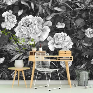Grey Floral Wallpaper Peony Bedroom Monochrome Flowers - Etsy
