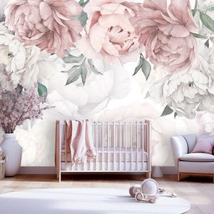 Soft Pastel Peonies Wallpaper Girl Room, Watercolor Peony Flower Wall Mural Nursery, Fable Floral Adhesive Peel and Stick Non Woven X581
