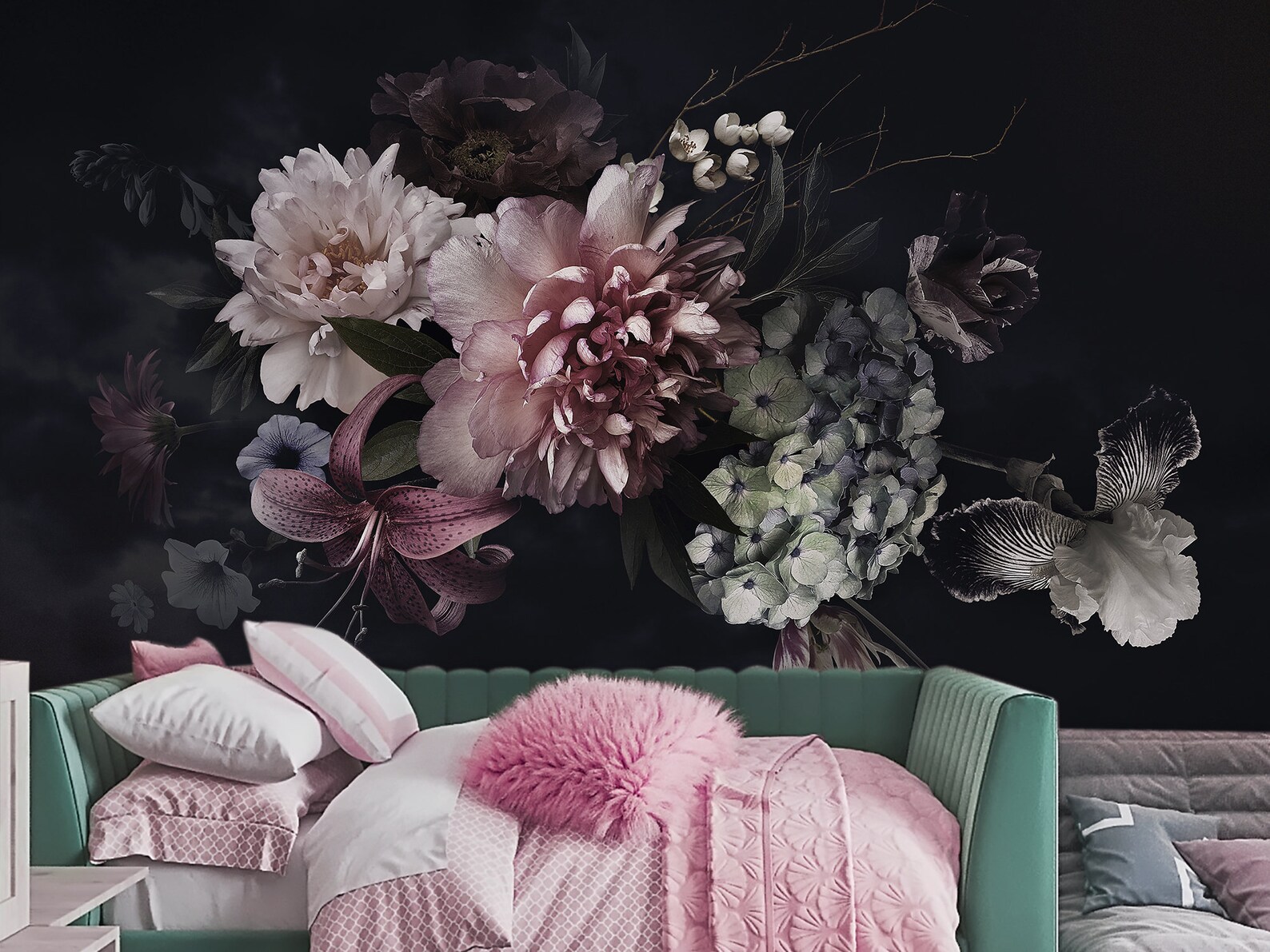 Black Peony Flower Wall Mural. Dark Floral Wallpaper. Peonies - Etsy