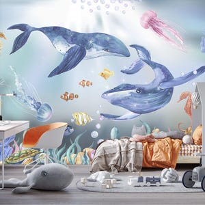 Underwater Wallpaper Baby Boy Room, Watercolor Ocean Nursery Wall Mural, Accent Decor Toddler PlayRoom, Sea Landscape Wall Paper Marine X80