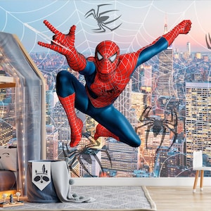 Spiderman Web Wallpaper for Nursery, New York Cityscape Mural, Superhero Self Adhesive Wallpaper Peel and Stick Toddler Room  X625